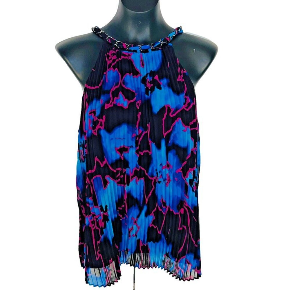 WHBM Womens Size 12 Tank Blouse Chain Accent Halter  Abstract  Lined Pleated